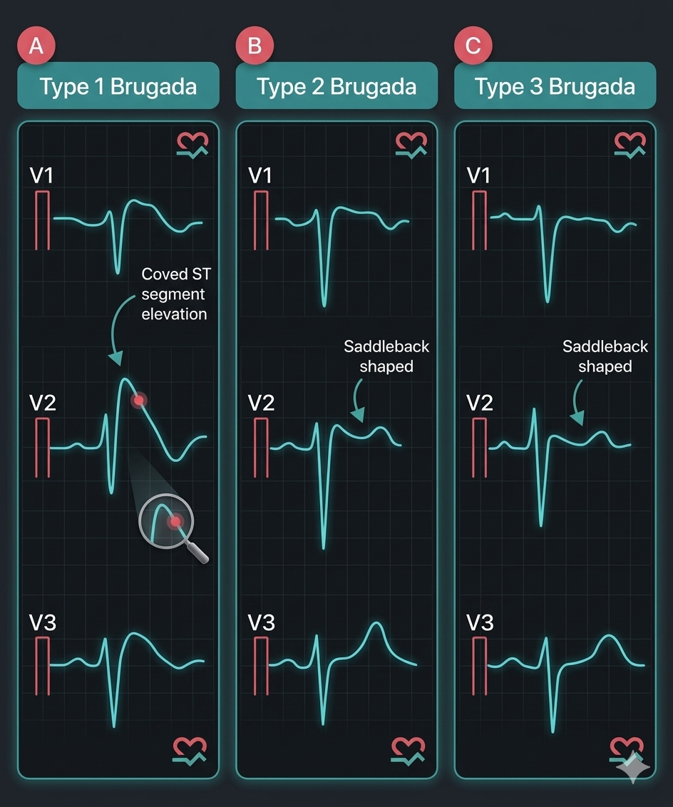ECG patterns showing Type 1, Type 2, and Type 3 Brugada Syndrome
